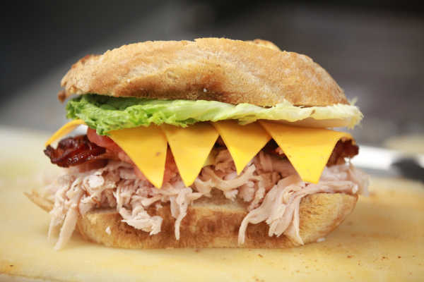 Delicious turkey, bacon, and cheese sandwich with lettuce and tomato from Battle Grounds Bakery & Coffee in Harpers Ferry, West Virginia.