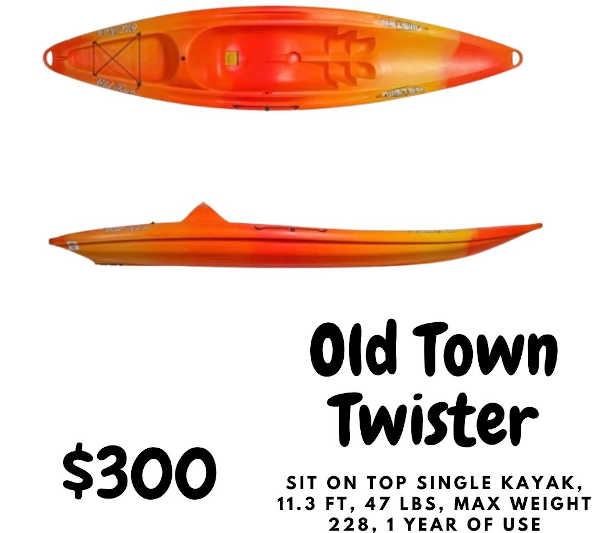 Used Old Town twister kayak with specifications.