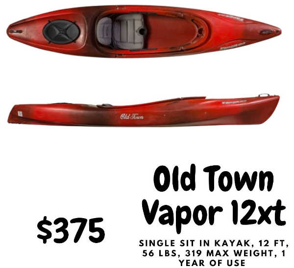 black cherry Old Town Vapor 12XT kayak with specifications listed